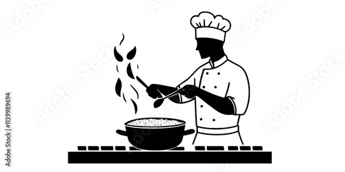 A chef stirring a pot of risotto with broth on a stove, Illustration