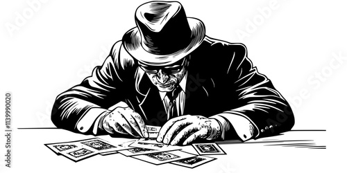 A collector examining a rare revenue stamp at a stamp convention indoors, Illustration