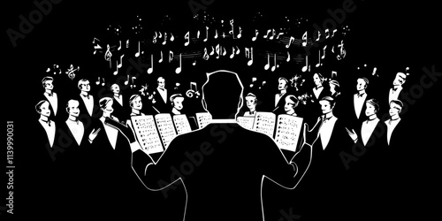 A conductor leading an opera chorus through a complex musical number, Illustration
