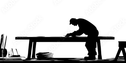 A craftsman repairing the leg of a worn-out antique wooden table in a workshop, Illustration