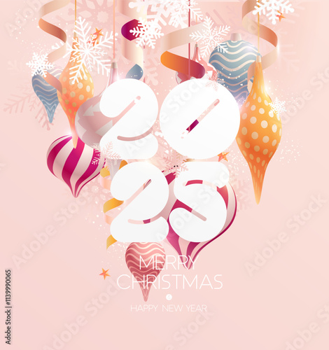 Happy New Year 2025. Christmas decoration with white calendar date. Festive greeting card design.