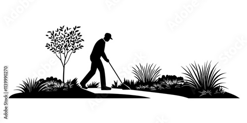 Gardener clearing debris from a xeriscaped garden beside a concrete driveway, Illustration