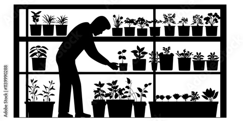 A gardener planting seedlings into containers in a large vertical garden structure, Illustration