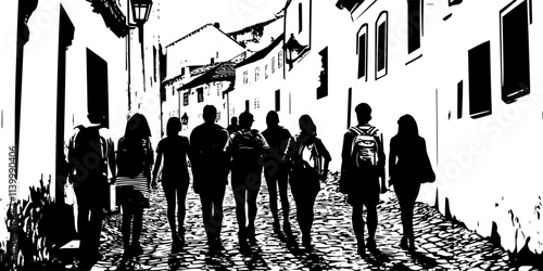 A group following a guide along a cobblestone street in a preserved cultural district, Illustration