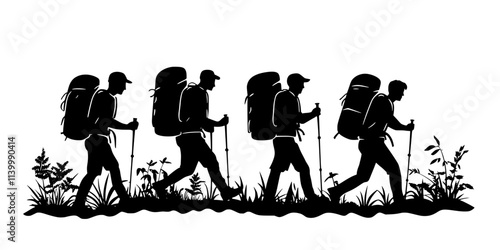 A group navigating a narrow path while carrying large backpacks, Illustration