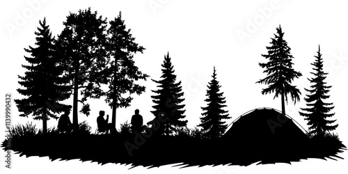 A group of campers setting up tents on flat ground with surrounding forest, Illustration
