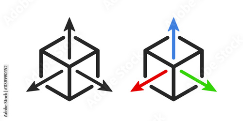 Icon for engineering 3D modeling and prototyping, featuring geometric plans and dimensions. Vector symbol, sign for web and app with outline editable thin line stroke
