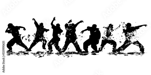 A group of performers engaging in a hip hop dance battle on the pavement, Illustration