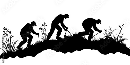 A group working together on maintaining hiking trails as part of a conservation initiative, Illustration