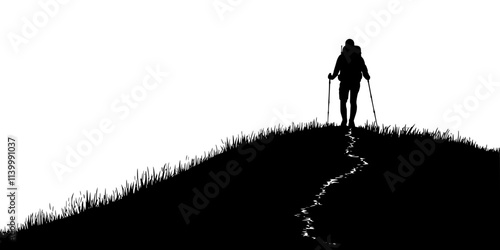 Hiker walking on a narrow path along a high mountain ridge, Illustration