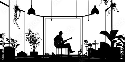 A guitarist performing a melody in a small venue for an intimate audience, Illustration