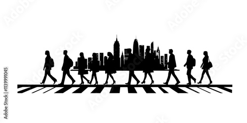 A group walking through a pedestrian zone in a city's business district, Illustration