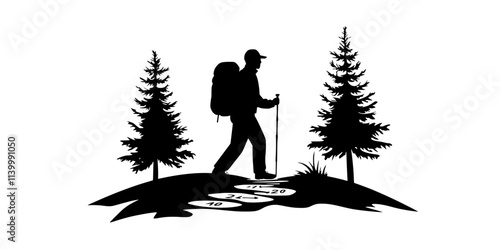 A hiker walking on a trail with visible mileage markers, Illustration