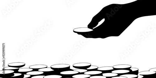Hand holding a single gold coin above a collection of valuable coins, Illustration