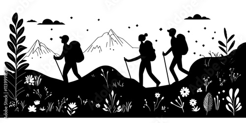 A pair of hikers walking down a long-distance trail through diverse environments, Illustration