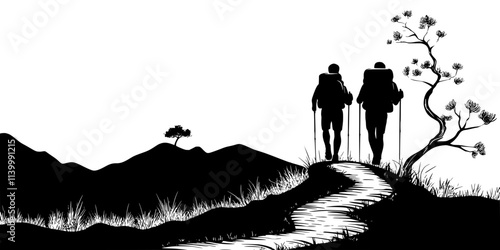 Pair of hikers navigating a forested trail wearing sturdy hiking shoes, Illustration
