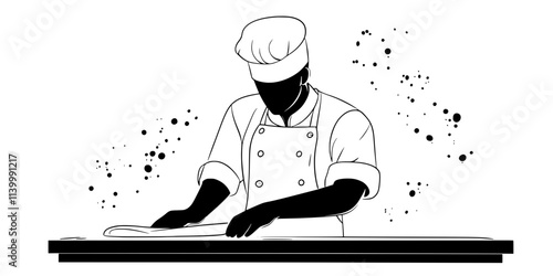 Pastry chef rolling dough into thin sheets on a countertop, Illustration