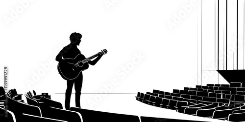 A performer playing a classical guitar during a recital in a university auditorium, Illustration