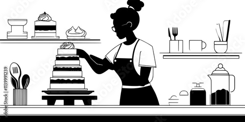 Person arranging cake layers for assembly on a countertop workspace, Illustration