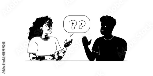 A person asking questions while exchanging languages with a partner, Illustration