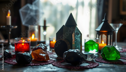 Witchcraft table set, selective focus at magic crystal stones for alchemy and esoteric cult. Spiritual occultism and magic chemistry inspired by mysticism. Witch, warlock magician concept. Halloween