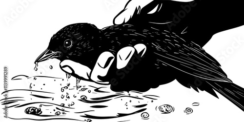 A person bathing a bird, gently applying water to maintain hygiene and health, Illustration