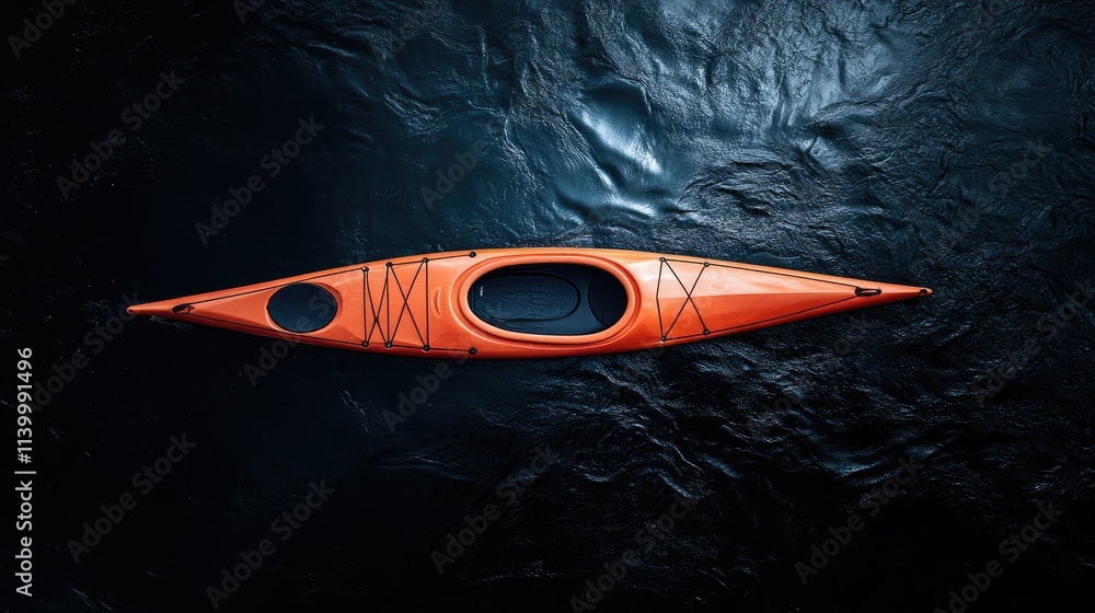 Fototapeta premium Top-down shot of a bright kayak in the middle of a dark, deep sea, with subtle reflections on the water's surface.