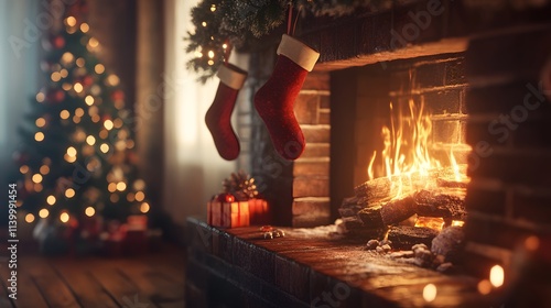 32. A cozy fireplace setting with stockings hung up, and a small New Year is decoration on the mantel