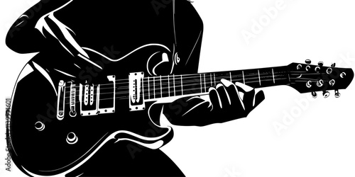 A person demonstrating chord progressions on an electric guitar in a music lesson, Illustration