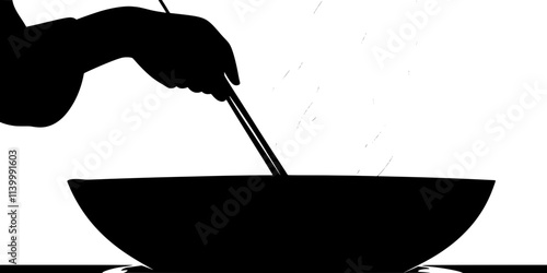 A person cooking food in a wok over high heat for stir-frying, Illustration