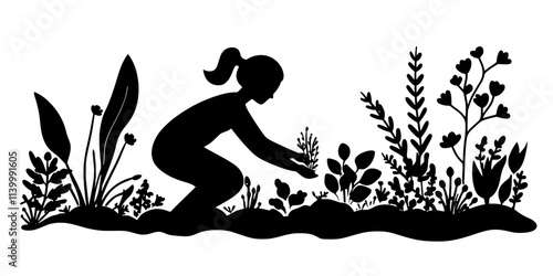 Person dividing and replanting perennial plants in a small backyard garden, Illustration