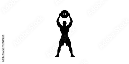 A person performing a kettlebell press, lifting the weight from shoulder height to overhead, Illustration