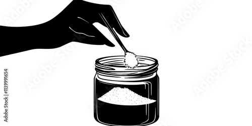 Person feeding sourdough starter with flour in a glass jar, Illustration