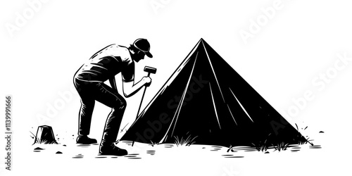 A person hammering stakes into the ground while setting up a tent, Illustration