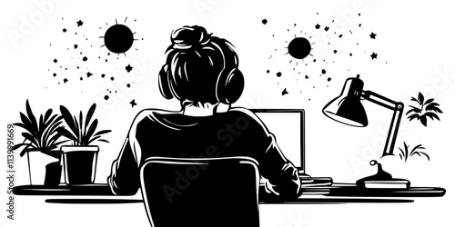 A person focusing on listening exercises during a language class, Illustration