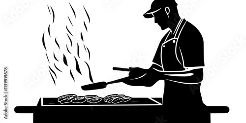 A person flipping food on a grill using tongs during outdoor cooking, Illustration