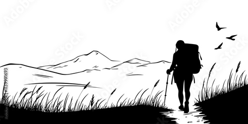 A person hiking on a long trail with a heavy pack, Illustration