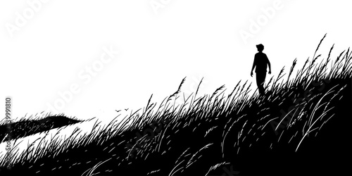 A person moving through tall grasses in a remote wilderness area, Illustration