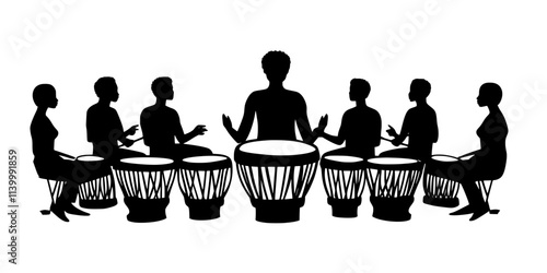 Person playing hand drums in a drum circle with others, Illustration