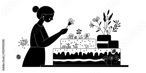 Person piping decorative flowers onto a frosted cake for final presentation, Illustration
