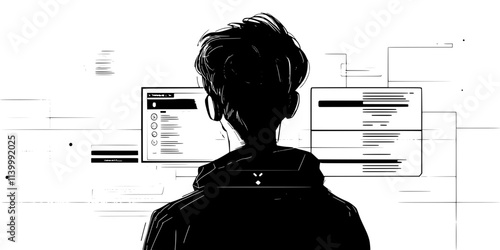 A person navigating a complex virtual environment while choosing dialogue options, Illustration