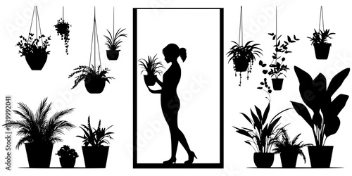 A person organizing small indoor plants in hanging planters near a patio entrance, Illustration