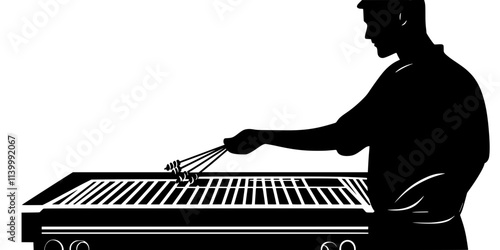 A person placing skewers on a grill for an outdoor barbecue, Illustration