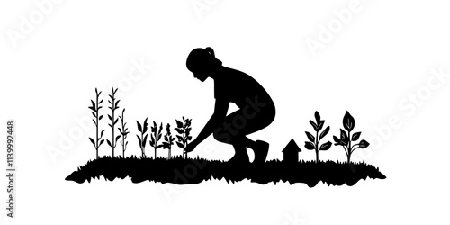Person transplanting vegetable seedlings into a garden bed outside a rural home, Illustration