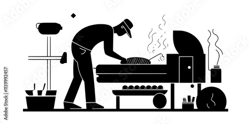 A person tending to a smoker while food smokes inside, Illustration