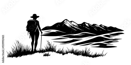 A person trekking across open plains as part of a multi-day hike, Illustration