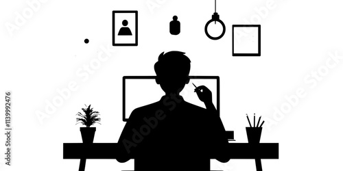 A person taking notes while watching an online language course, Illustration