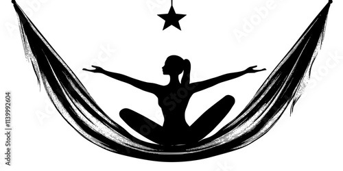 A practitioner holding star pose while suspended in the air using a fabric hammock, Illustration