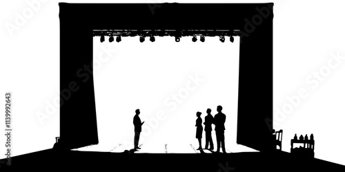 A rehearsal scene with cast members practicing lines and choreography together, Illustration