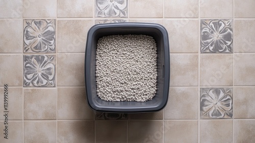 Top view of a clean litter box filled with fresh, clumping cat litter on a tiled floor. photo